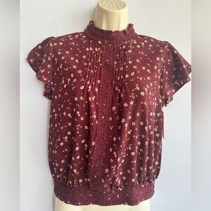 E&M Burgundy Floral Lace High Neck Boho Blouse Size S